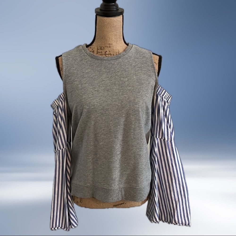 FREE GENERATION LA SWEATER COLD SHOULDER SLEEVES BLUE & WHITE STRIPED - SIZE L